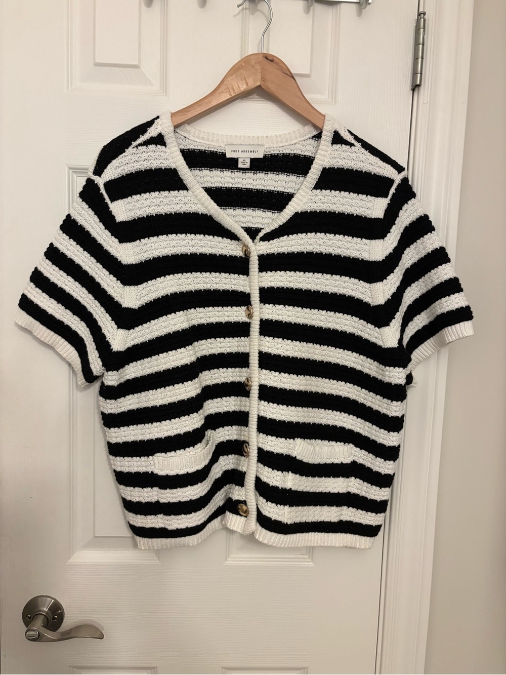 Striped Short-Sleeve Button Cardigan - Free Assembly - Black & White